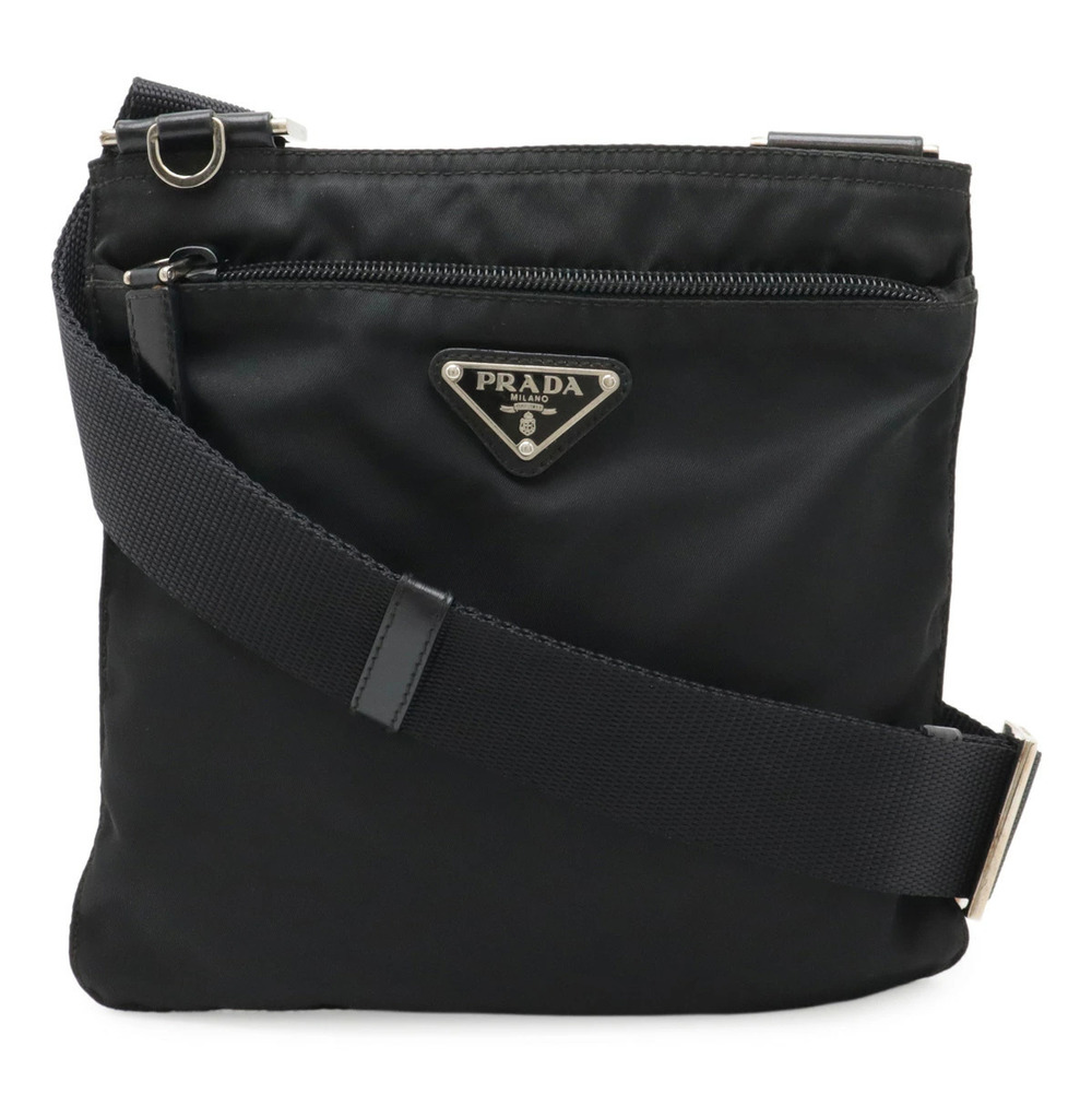 Prada Triangle Plate Crossbody Bag Pouch Clutch Slim Leather NERO Black